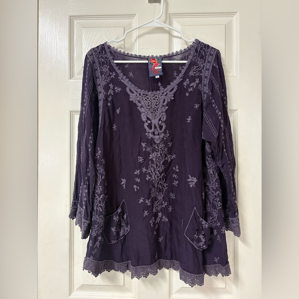 Johnny Was Embroidered Dark Purple Tunic Top Lace Trim Boho Festival Sz L #074